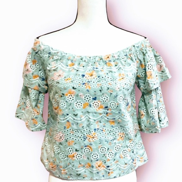 Anthropologie Laia Ashtabula Micro-Floral Eyelet Off-the-Shoulder Women's Top S - Picture 2 of 9